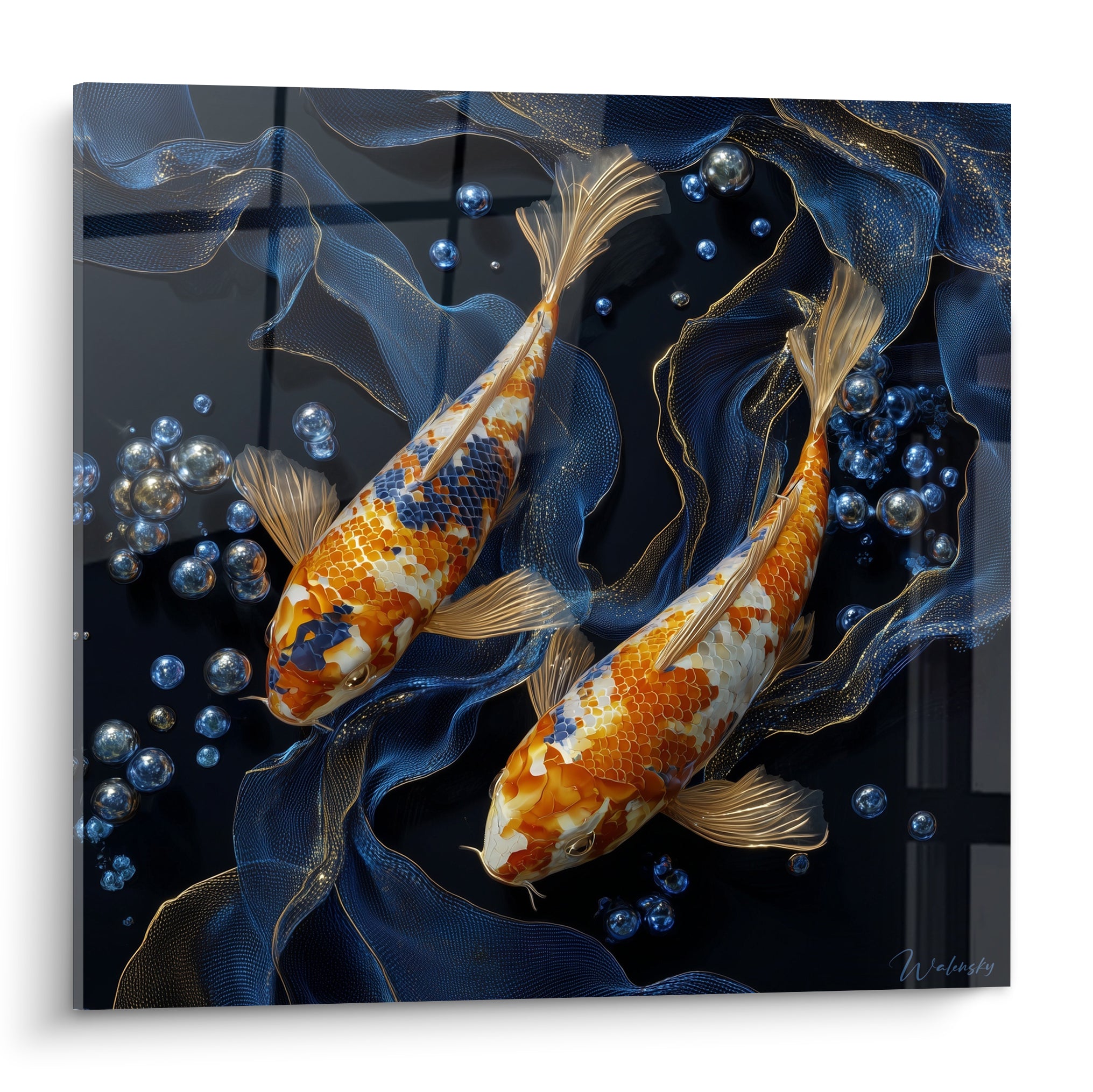Deux Koi orange et blanc nagent sur fond bleu marine parmi des bulles argentées scintillantes
