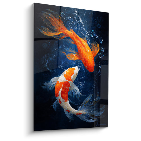 Tableau Carpes orange et blanche fond bleu nuit profond - Duo de bulles montantes - Edition Koi