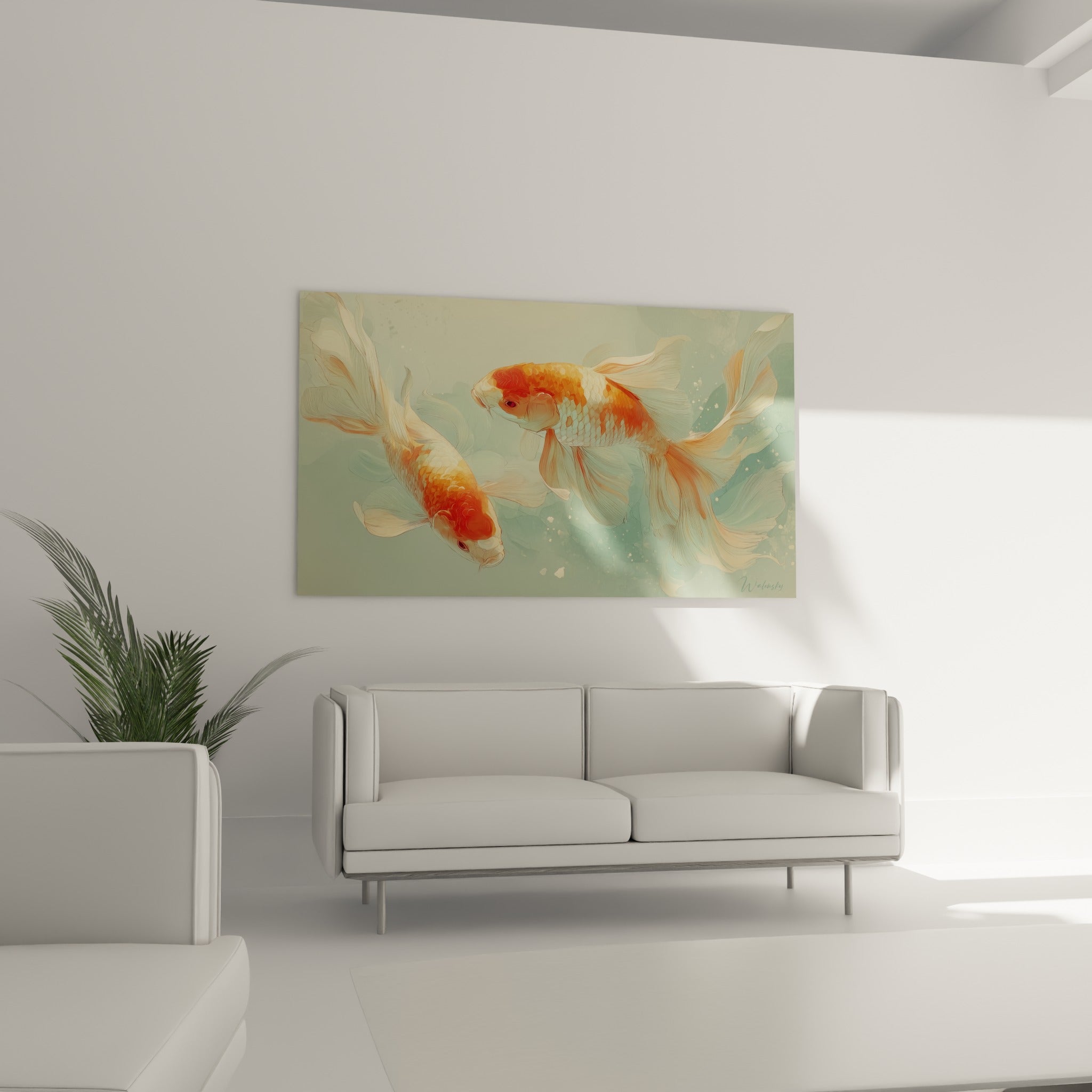 Carpes koï orange sur fond céladon, disposées au-dessus d'un canapé dans un salon lumineux