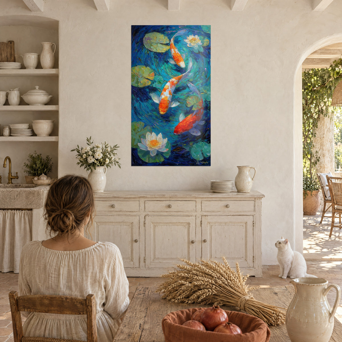 Quadro di stagno dipinto a spatola, koi vermiglio e bianchi che turbinano nell'acqua azzurra, fiori di loto color avorio, gatto bianco, casale provenzale