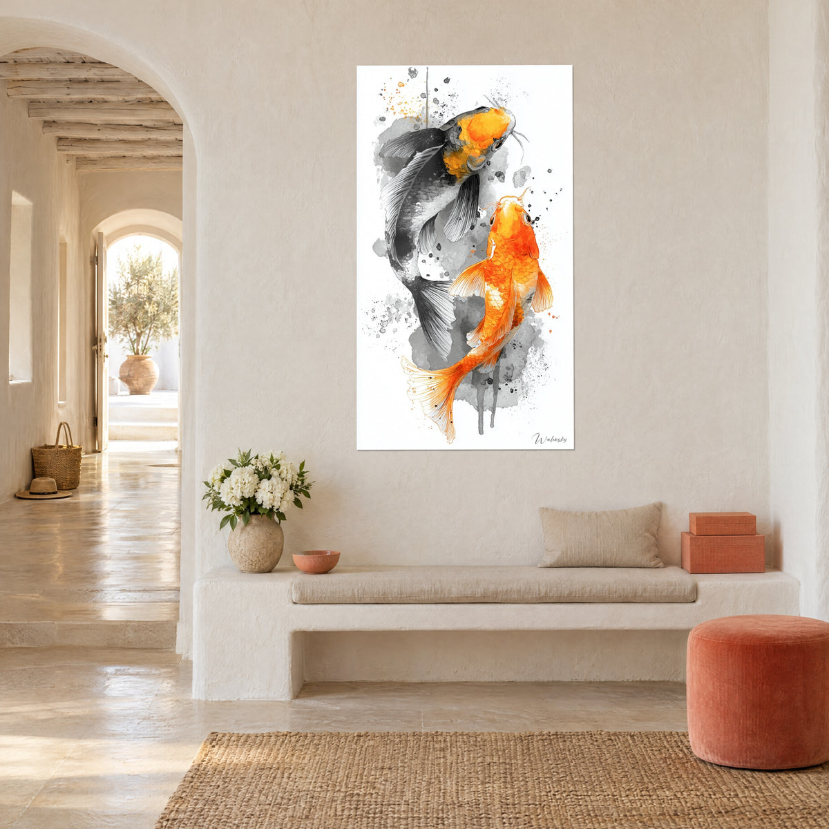 Wall art koi in duel, fins striped black and silver against saffron-orange scales, whitewashed wall of a Mediterranean house