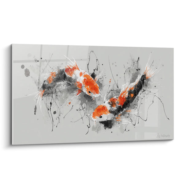 Tableau Carpes orange et noires aux barbillons filiformes - Fond gris perle - Edition Koi