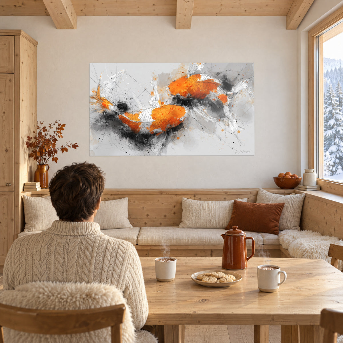 Schilderij paar oranje karpers in elkaar verstrengeld in grijs water, zwarte inktvlekken, twee personen van achteren voor een houten tafel in een chalet