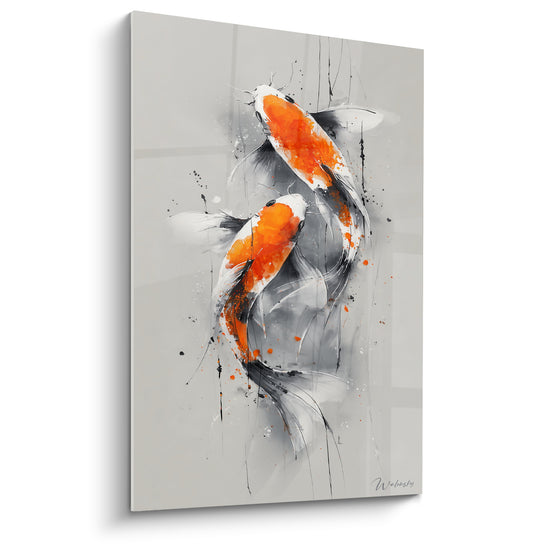 Tableau Carpes orange et blanches sur fond gris perle - Filaments verticaux à l'encre - Edition Koi