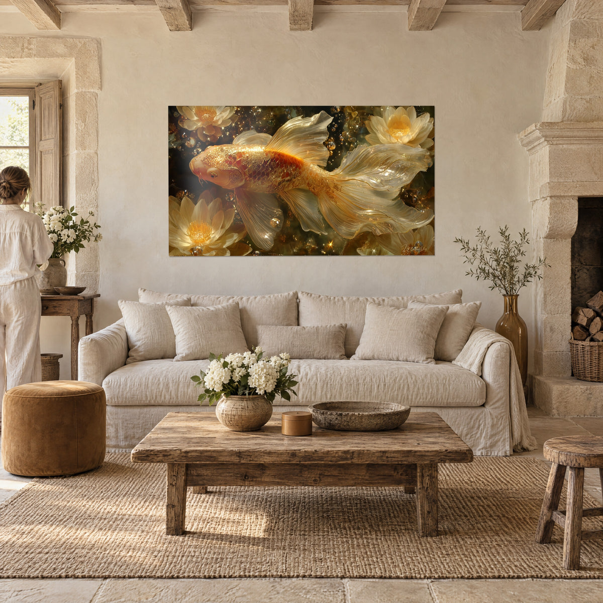 Quadro di una carpa dorata con pinne velate madreperlacee tra fiori di loto color crema, ambra e oro, sopra un divano in un soggiorno luminoso
