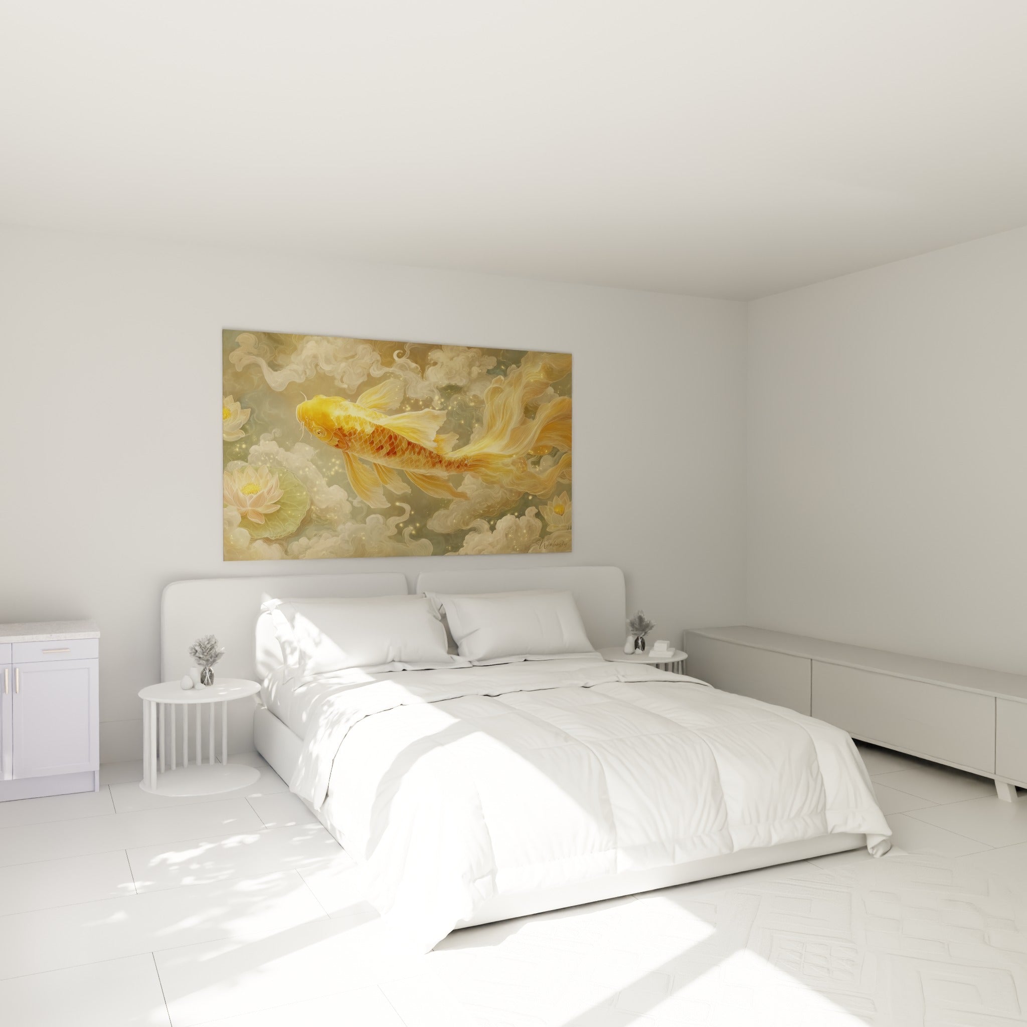 Poisson koi orangé glissant dans une brume dorée, accroché au-dessus d'un lit dans une chambre claire