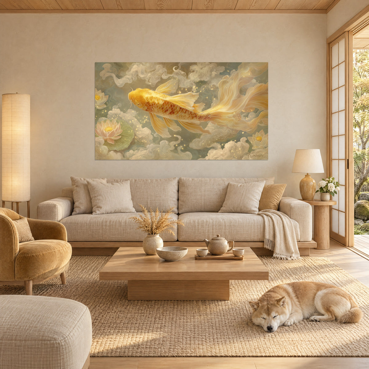 Quadro carpa koi dorata che scivola tra nuvole color crema e fiori di loto rosa, uno shiba addormentato, sopra un divano in un soggiorno luminoso