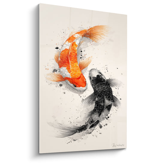 Tableau Deux carpes orange et noir entrelacées - Harmonie du yin-yang - Edition Koi