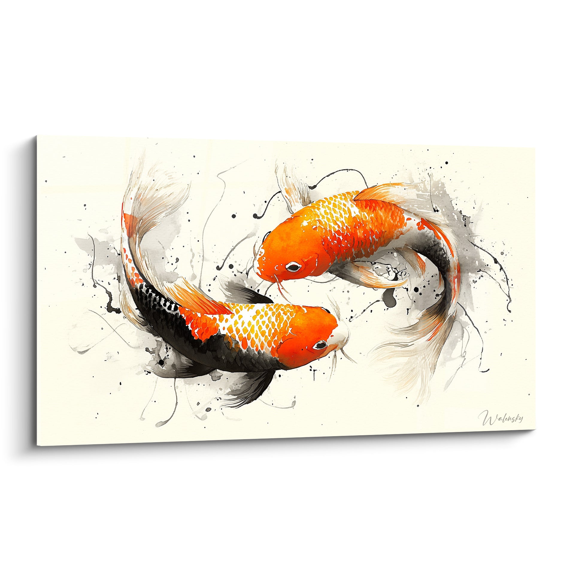 Deux carpes koï orange et noir tournoyant sur fond ivoire, style encre et aquarelle raffiné