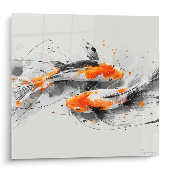 Tableau Carpes orange et noires à contresens - Filaments et éclaboussures d'encre - Edition Koi