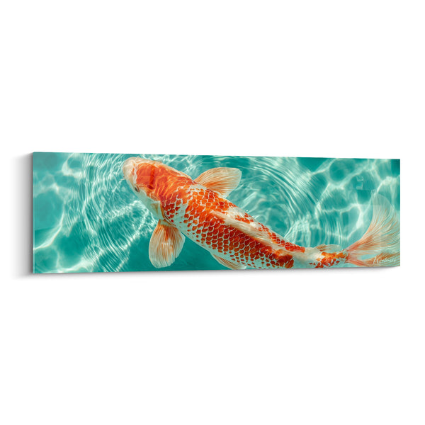 Tableau Carpe orange et blanche en eau turquoise cristalline - Ondulations lumineuses en surface - Edition Koi