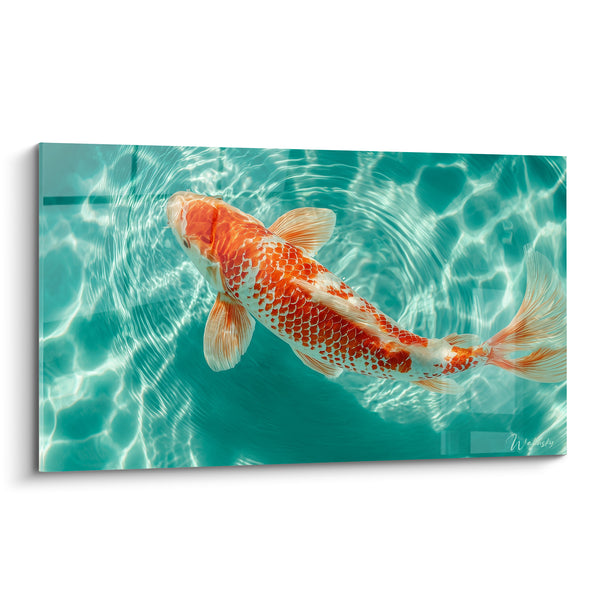 Tableau Carpe orange et blanche aux reflets turquoise - Miroitements de surface - Edition Koi