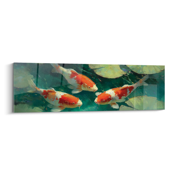 Tableau Trois carpes orange et blanches sous nénuphars - Silence aquatique - Edition Koi