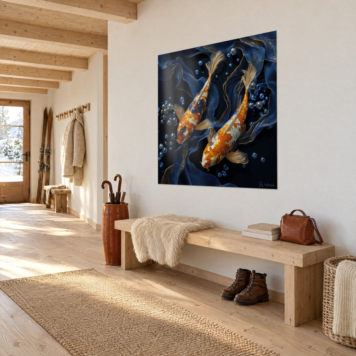 Wall art pair of golden fish with amber fins on black and navy background, silver bubbles, white wall of a chalet entrance