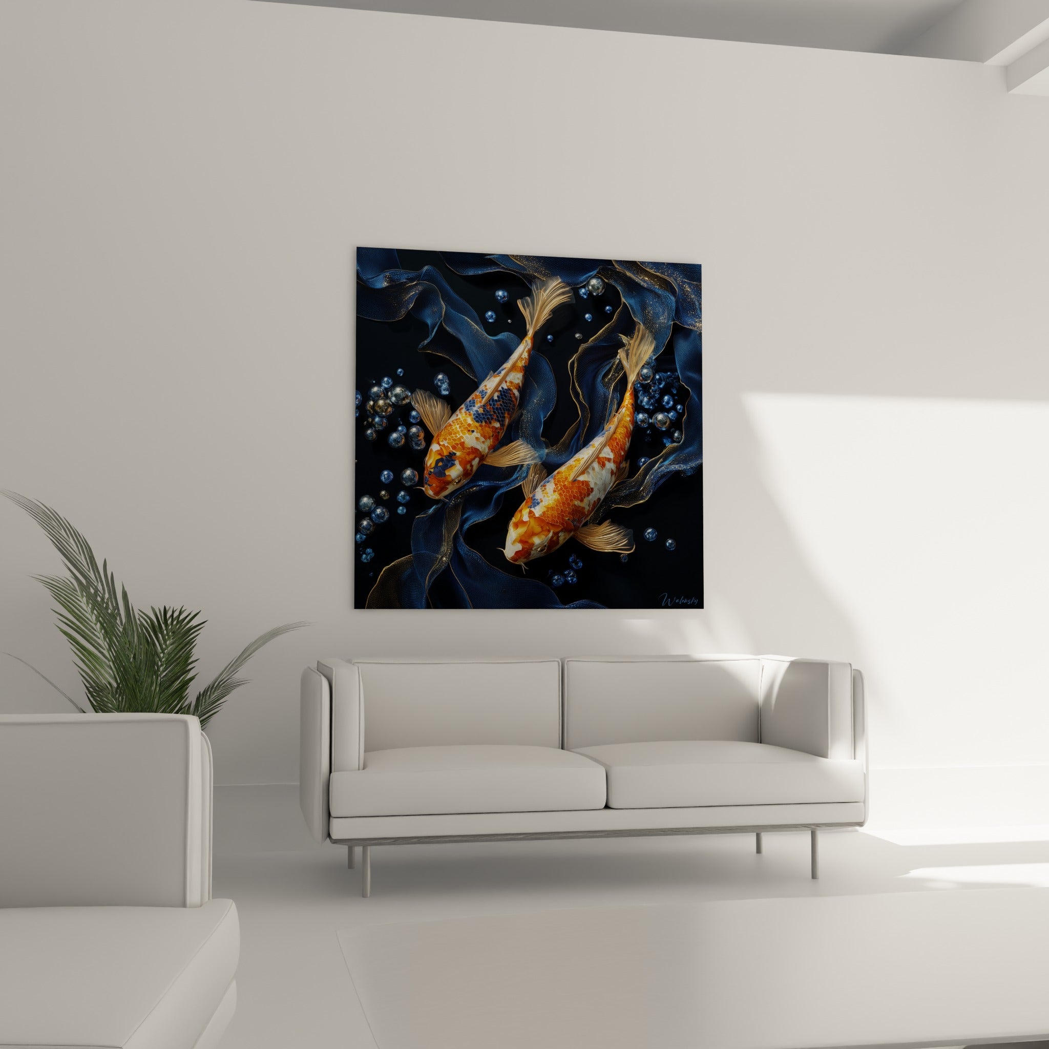Koi orange vif et bulles métalliques flottant dans un bleu profond, au-dessus d'un canapé dans un salon lumineux