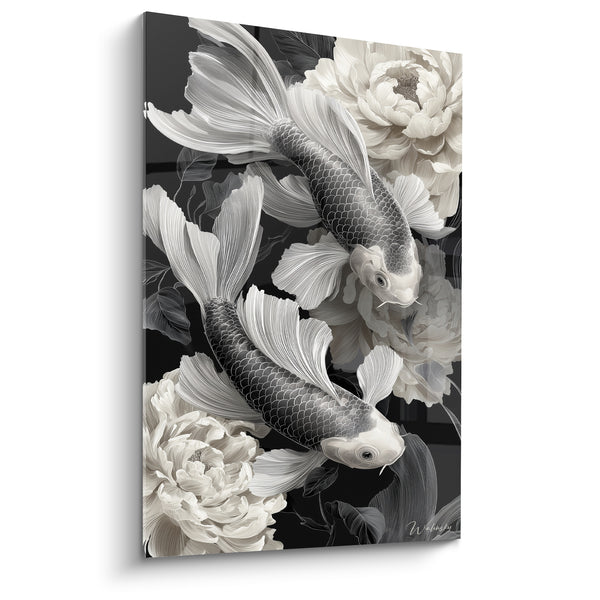 Tableau Poissons gris et blancs entre pivoines - Songe nocturne - Edition Koi