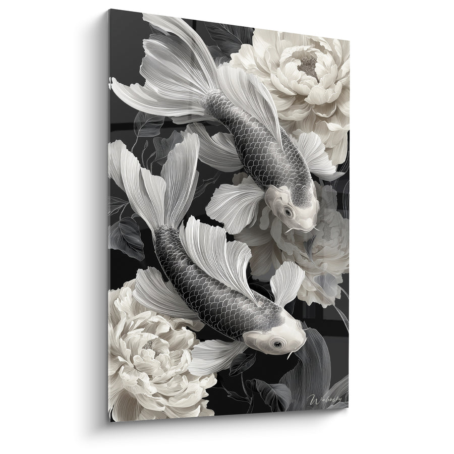 Tableau Poissons gris et blancs entre pivoines - Songe nocturne - Edition Koi