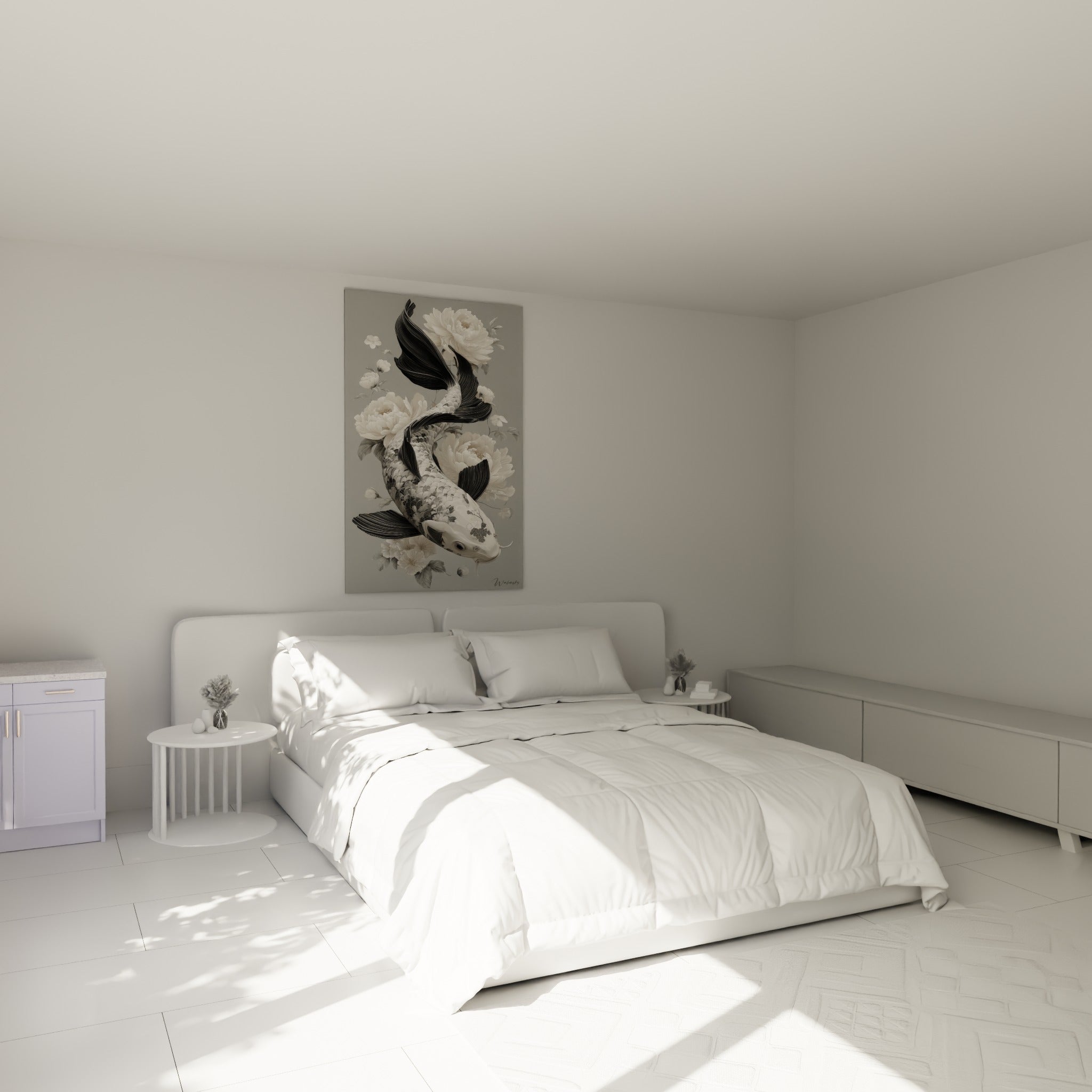 Poisson koï anthracite et blanc entouré de fleurs, accroché au-dessus d'un lit dans une chambre claire