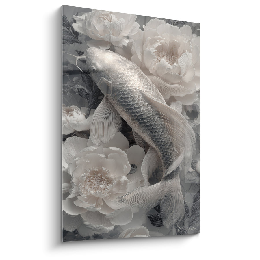 Tableau Carpe argentée et blanche parmi pivoines monochromes - Écailles nacrées scintillantes - Edition Koi