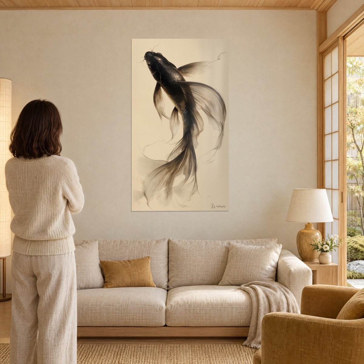 Gemälde schwarze Karpfen mit glänzenden Schuppen und seidigen beigen Flossen, vor einer Frau von hinten, über einem Sofa in einem hellen Wohnzimmer