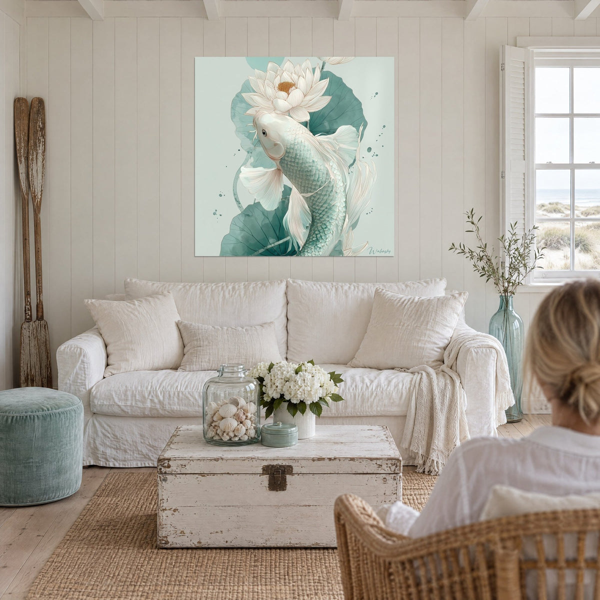 Gemälde weiße Karpfen mit transparenten Flossen, cremefarbene Lotusblüte und wassergrüne Blätter, über einem Sofa in einem hellen Wohnzimmer