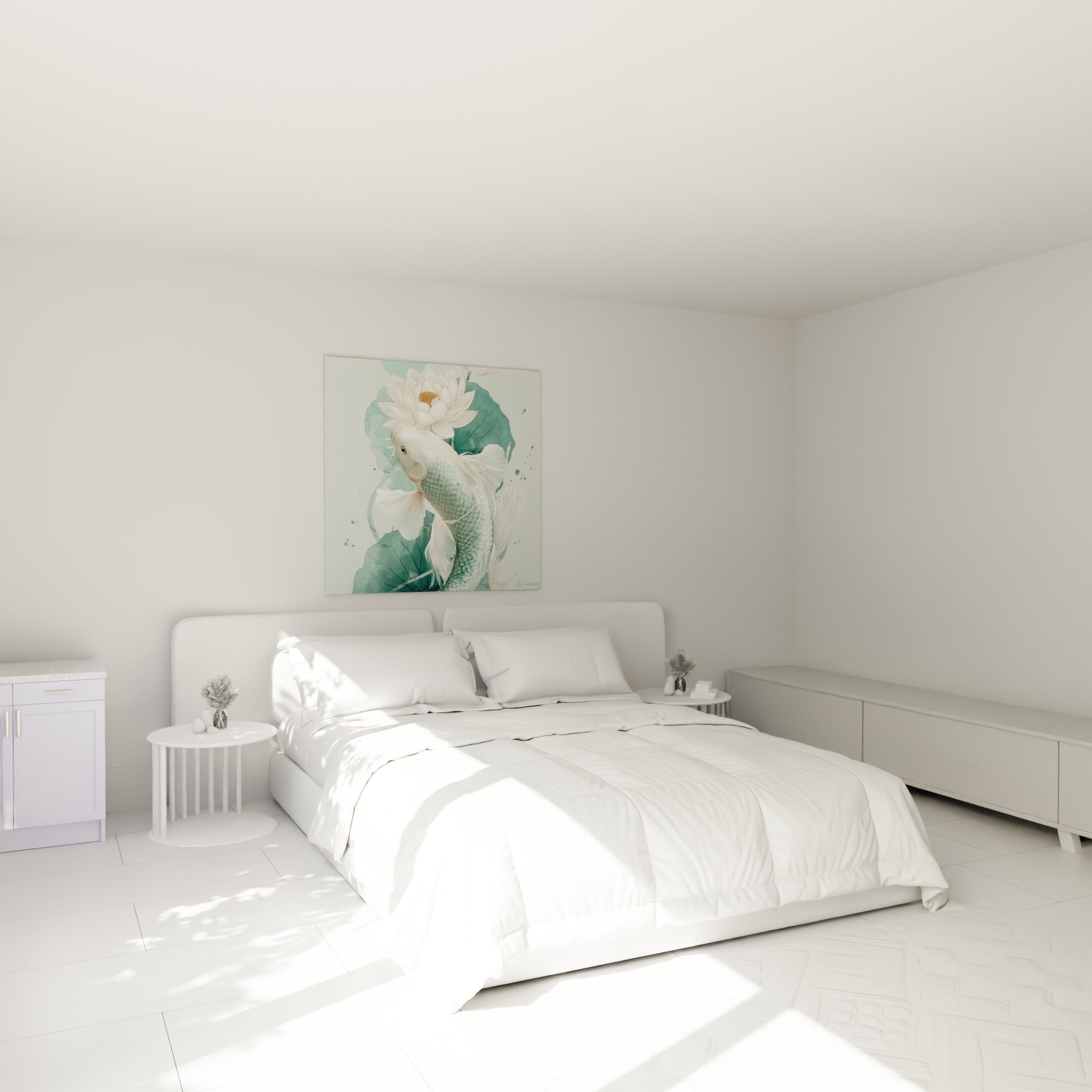 Poisson koï blanc aux nageoires fluides et lotus doré, accroché au-dessus d'un lit dans une chambre claire
