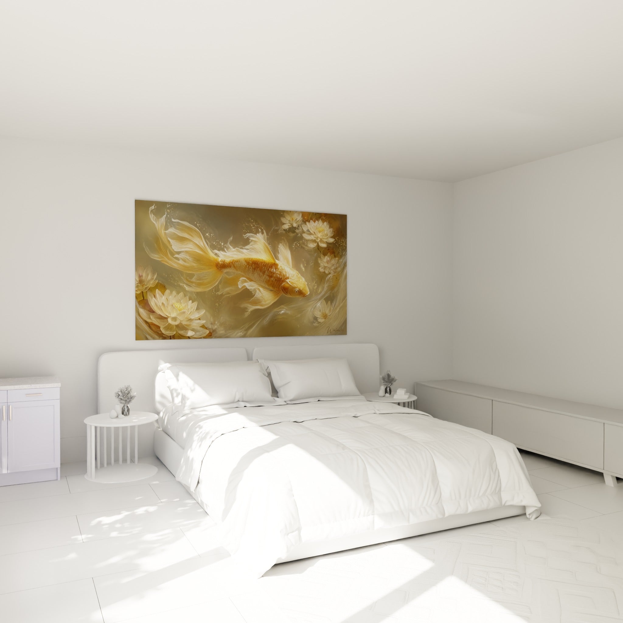 Poisson koï doré et blanc entouré de nénuphars, au-dessus d'un lit dans une chambre claire