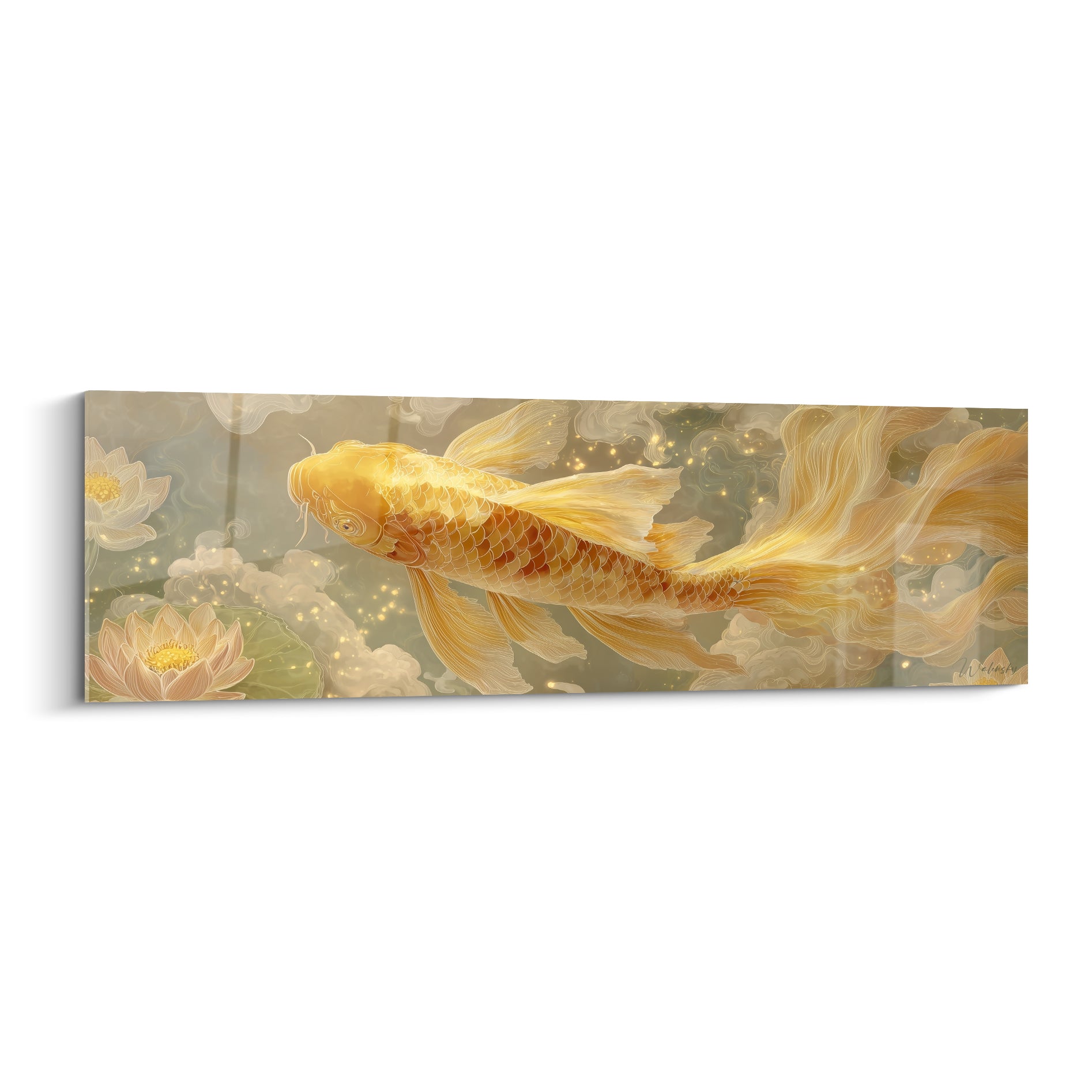 Koi doré aux nageoires vaporeuses nageant parmi des lotus roses sur fond vert amande