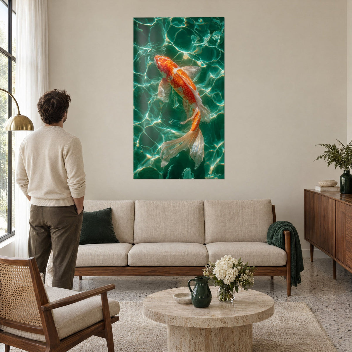 Gemälde Koi-Karpfe in Orange und Weiß gleitet durch smaragdgrünes Wasser mit Lichtreflexen, über einem Sofa in einem hellen Wohnzimmer