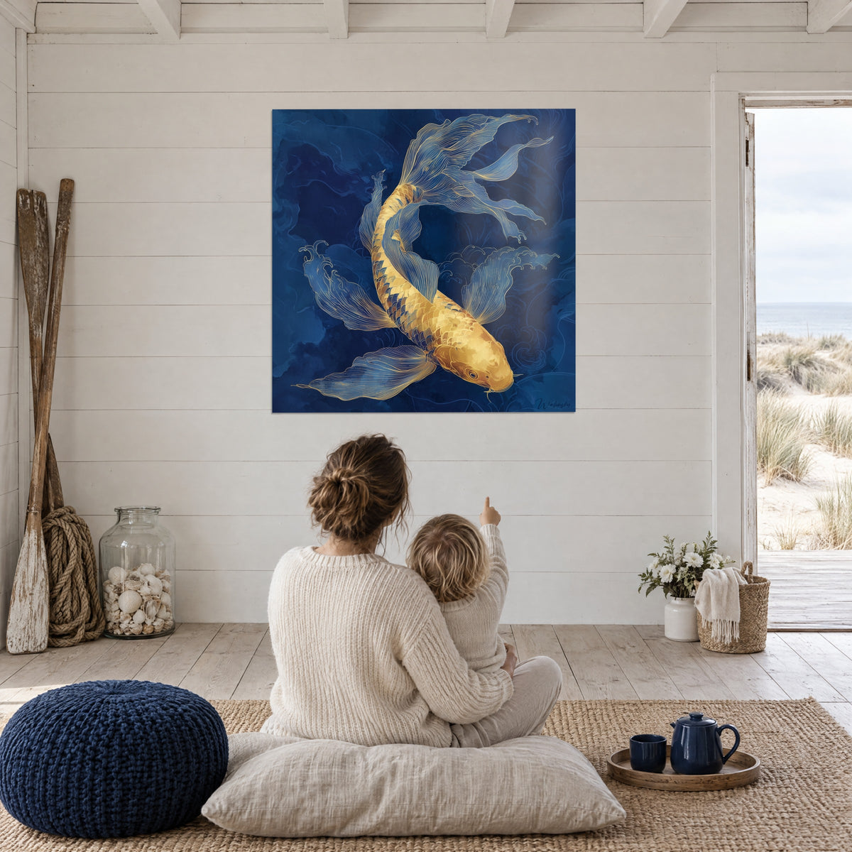 Quadro pesce dorato a spirale, coda a vele blu periwinkle su fondo blu navy, parete rivestita in perlinato di una casa al mare