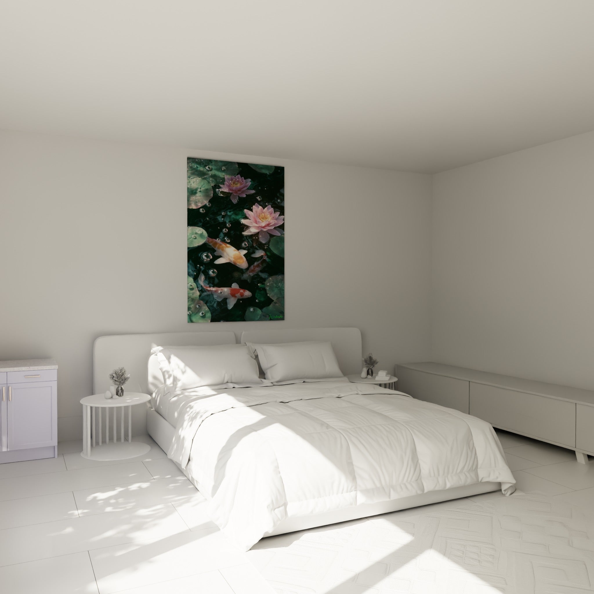 Koï orange et nénuphars roses au-dessus d'un lit dans une chambre claire