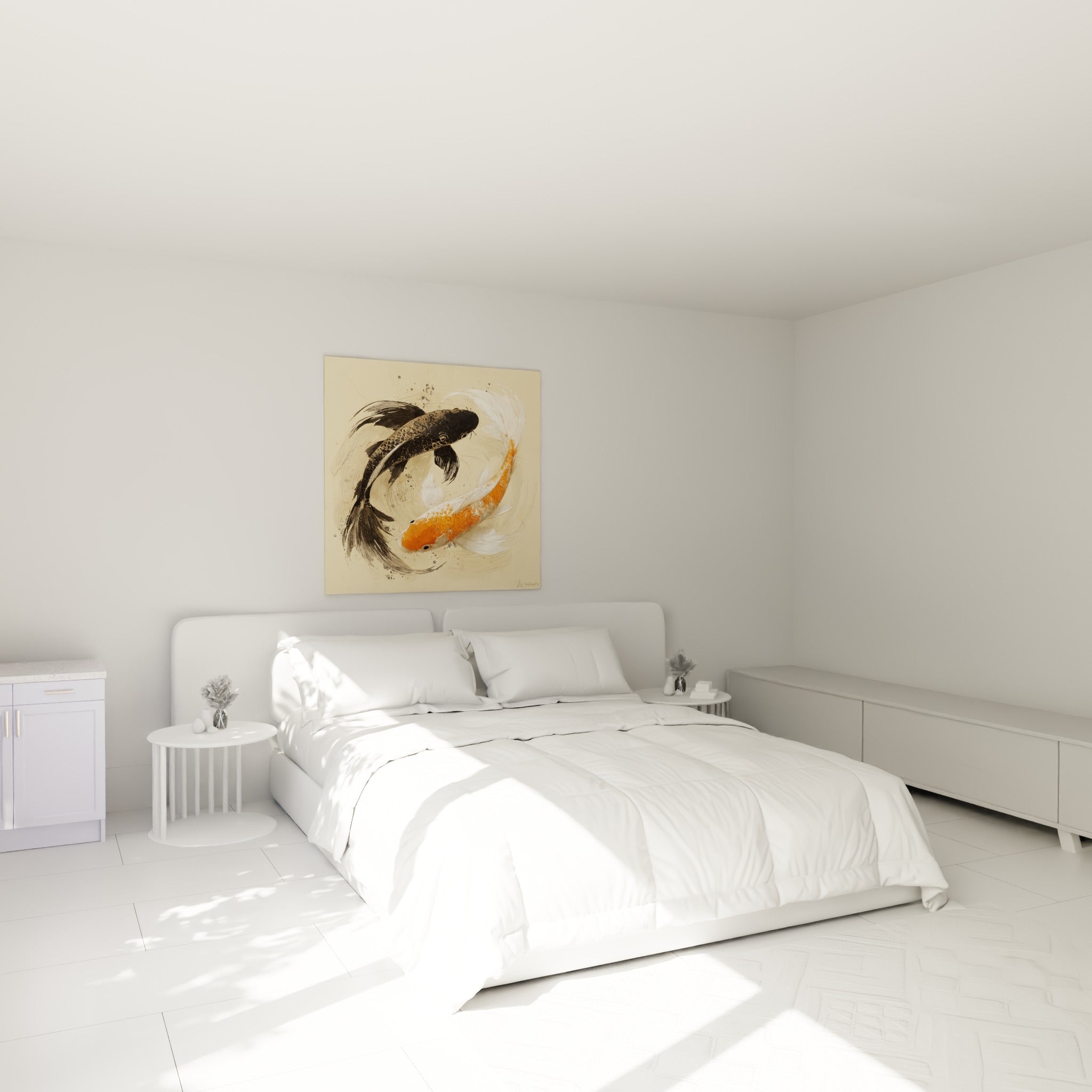 Carpes koï anthracite et orange en mouvement circulaire, accrochées au-dessus d'un lit dans une chambre claire