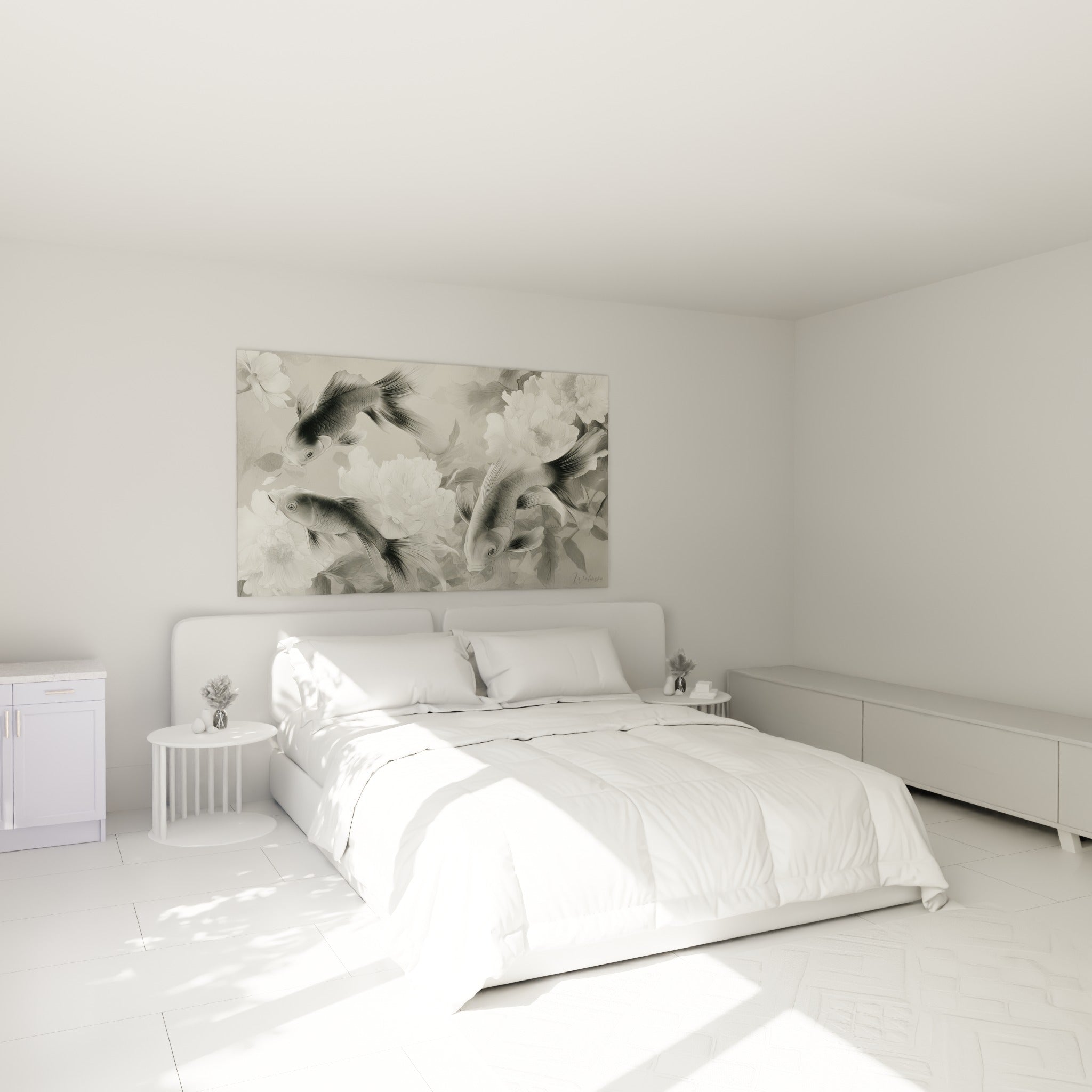 Carpes koï grises et pivoines blanches ornent un tableau au-dessus d'un lit dans une chambre claire
