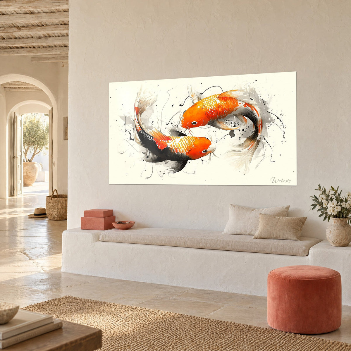 Wall art Japanese fish with vivid orange scales and ink-black backs, white fins, in a sunny lounge