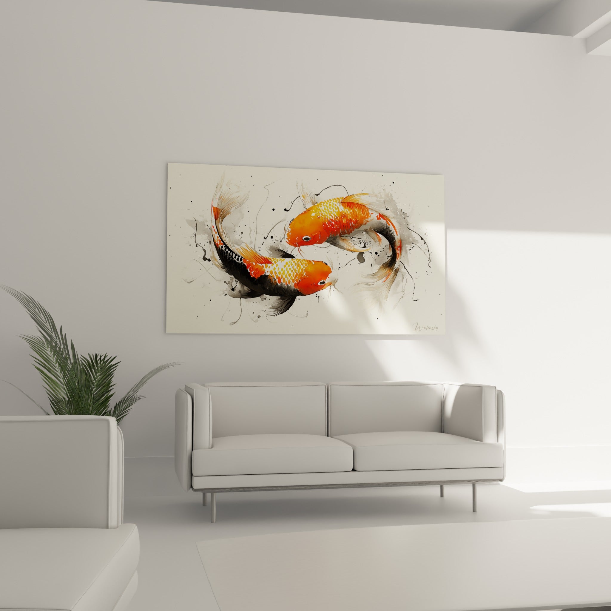 Poissons koï noir et orange en mouvement circulaire, au-dessus d'un canapé dans un salon lumineux