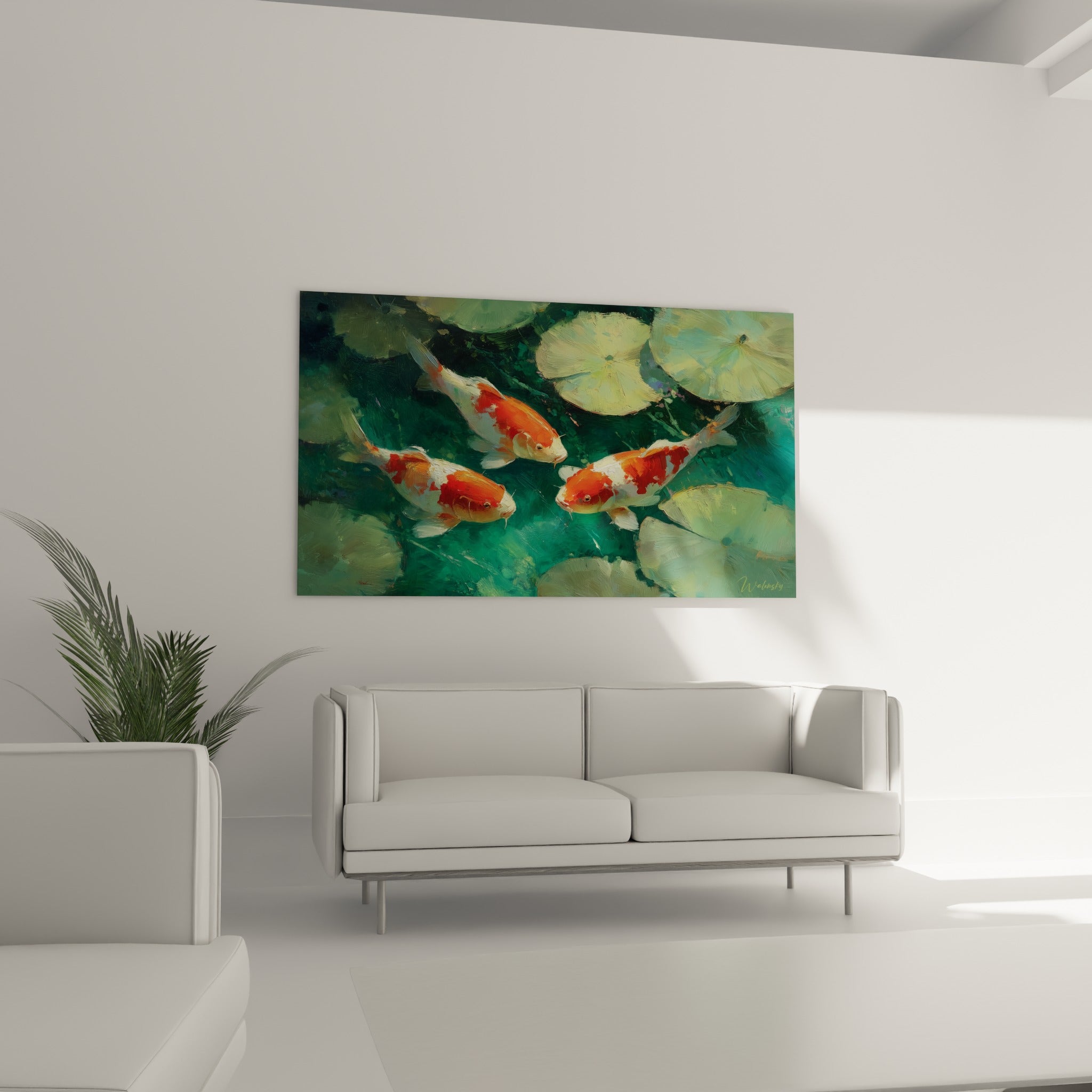 Poissons koï blancs et orange vif entourés de nénuphars émeraude, au-dessus d'un canapé dans un salon lumineux