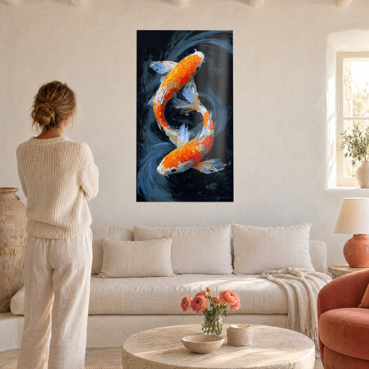 Wall art orange and white koi carp swirling in a spiral on a black background, woman seen from behind, above a sofa in a bright living room