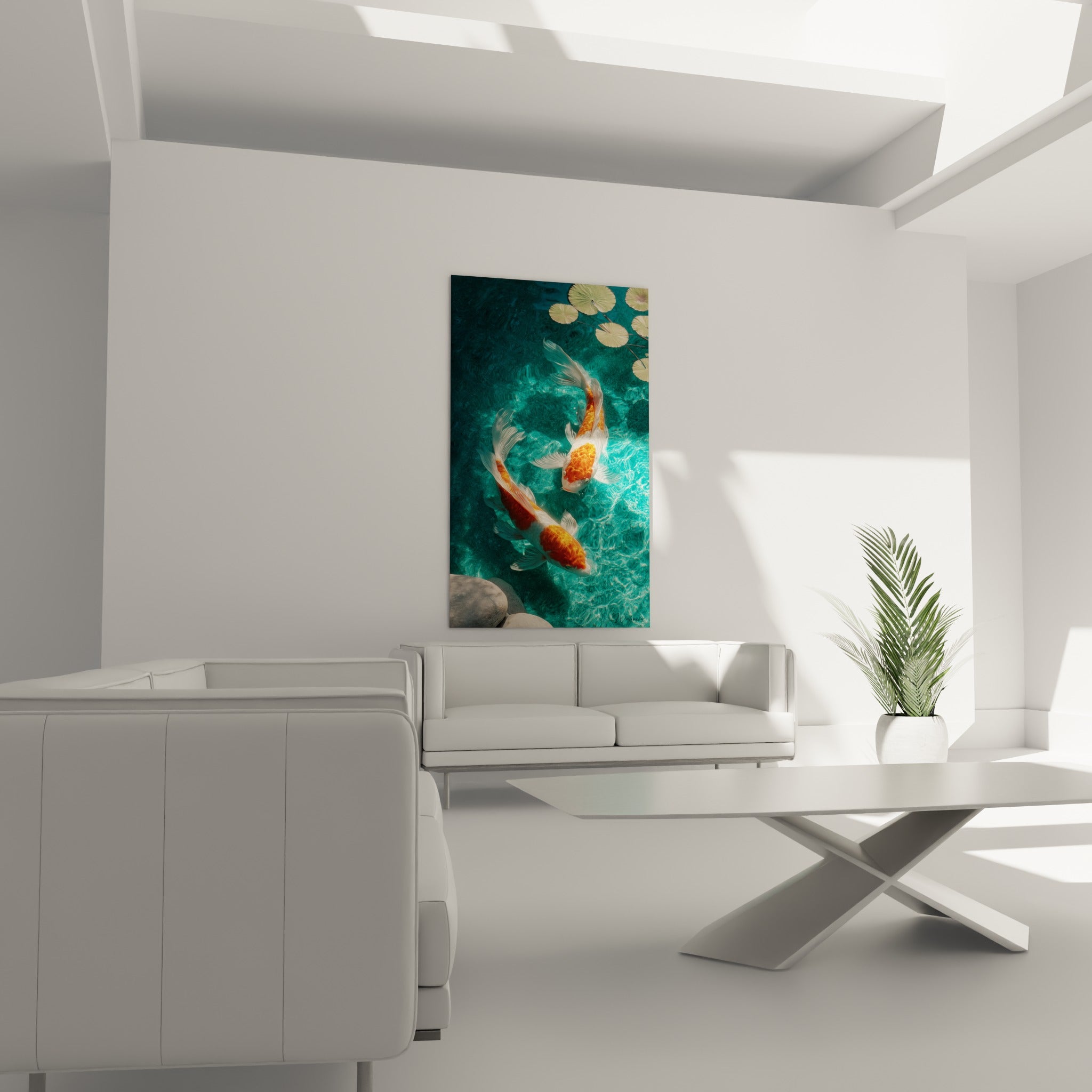 Poissons Koi blancs aux nageoires fines nageant en eau turquoise, au-dessus d'un canapé dans un salon lumineux