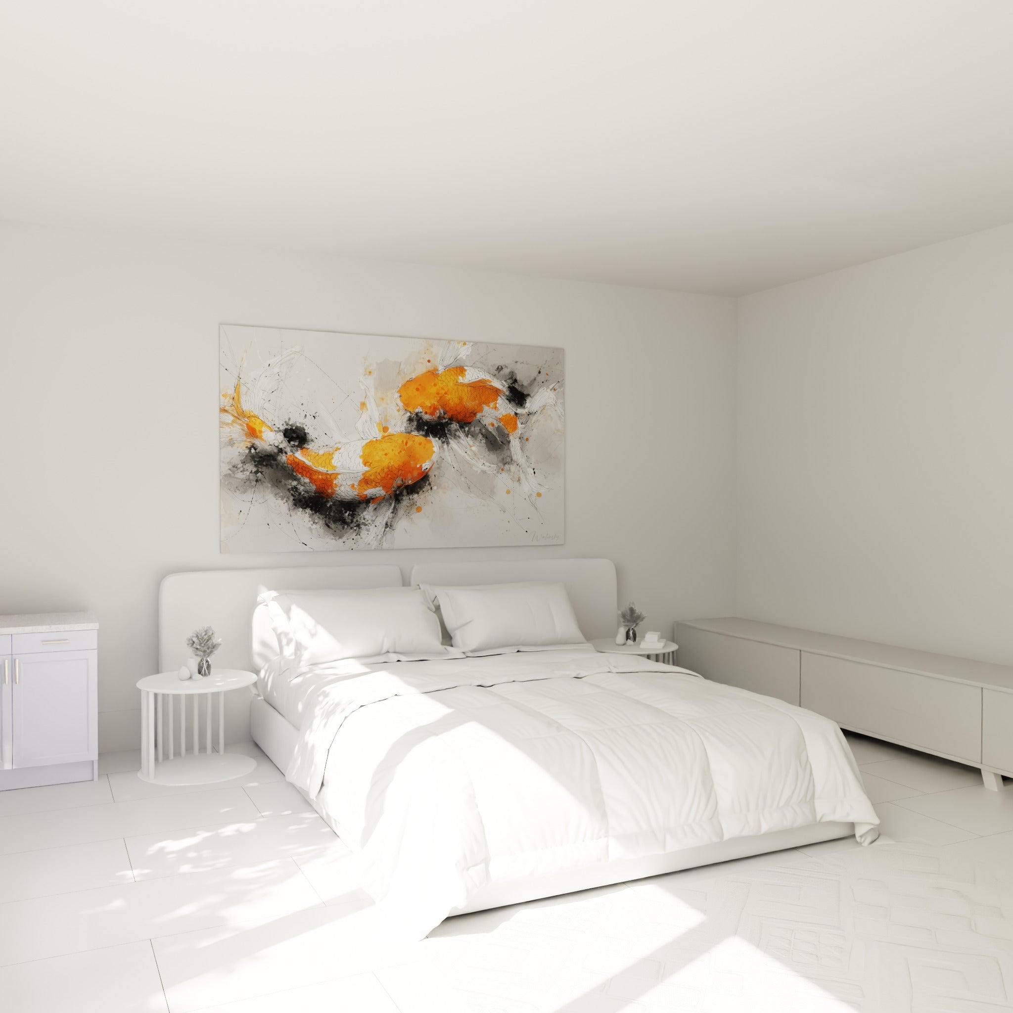 Poissons koï orange vif et blanc éclatant, encre délicate, au-dessus d'un lit dans une chambre claire