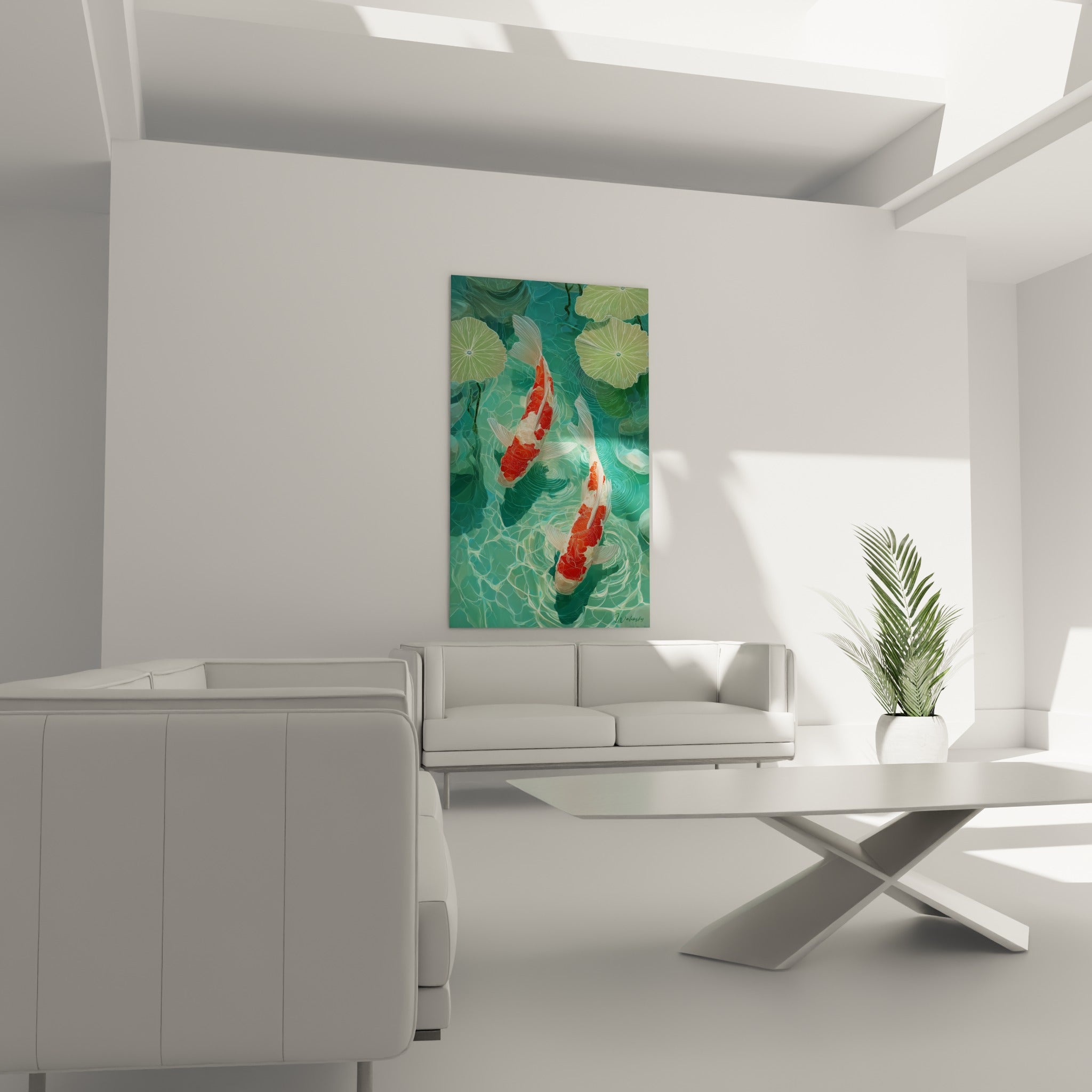 Poissons koï rouges glissant dans une eau vert d'eau, suspendus au-dessus d'un canapé dans un salon lumineux