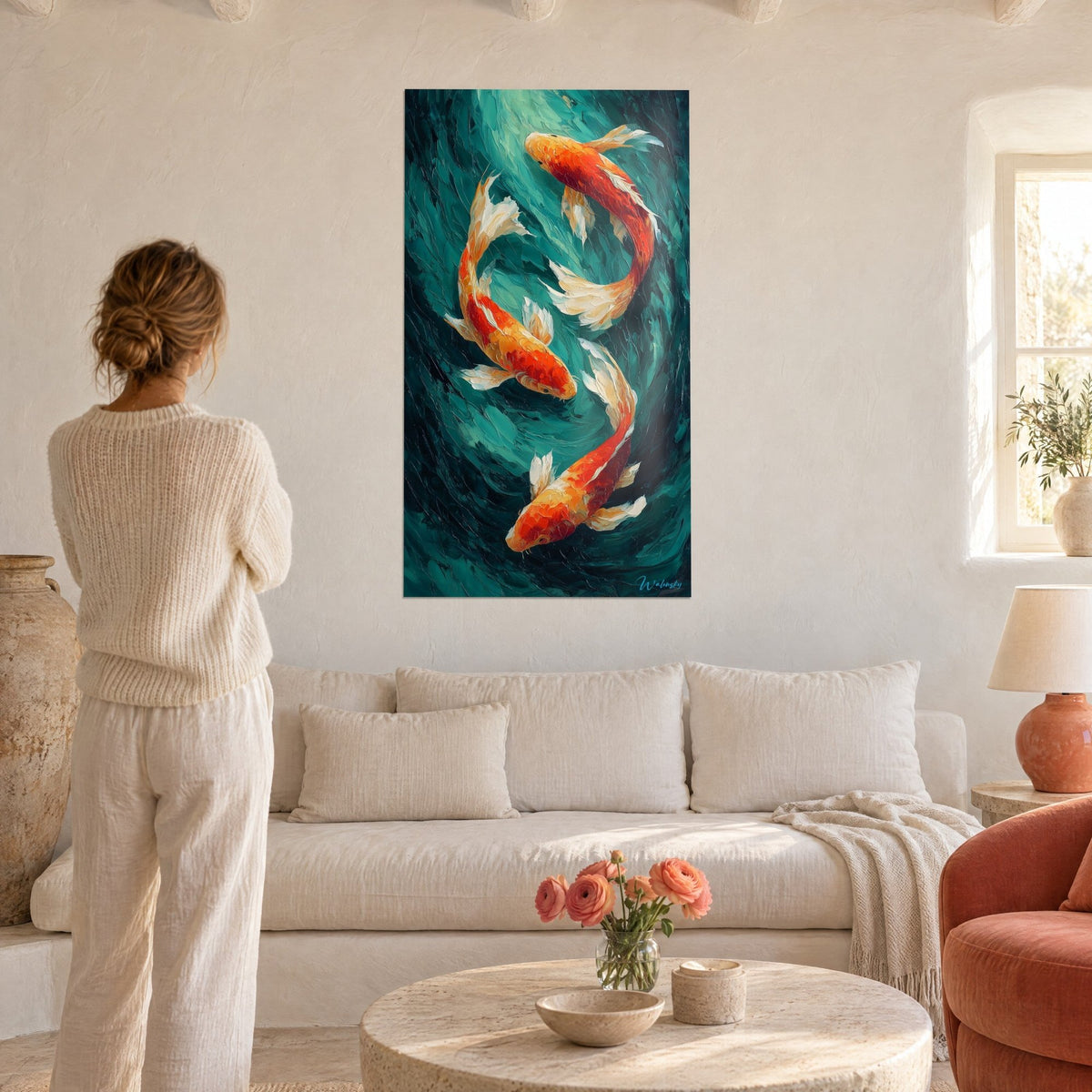 Quadro tre carpe koi arancioni e bianche che nuotano a spirale su fondo turchese, donna di spalle, sopra un divano in un soggiorno luminoso