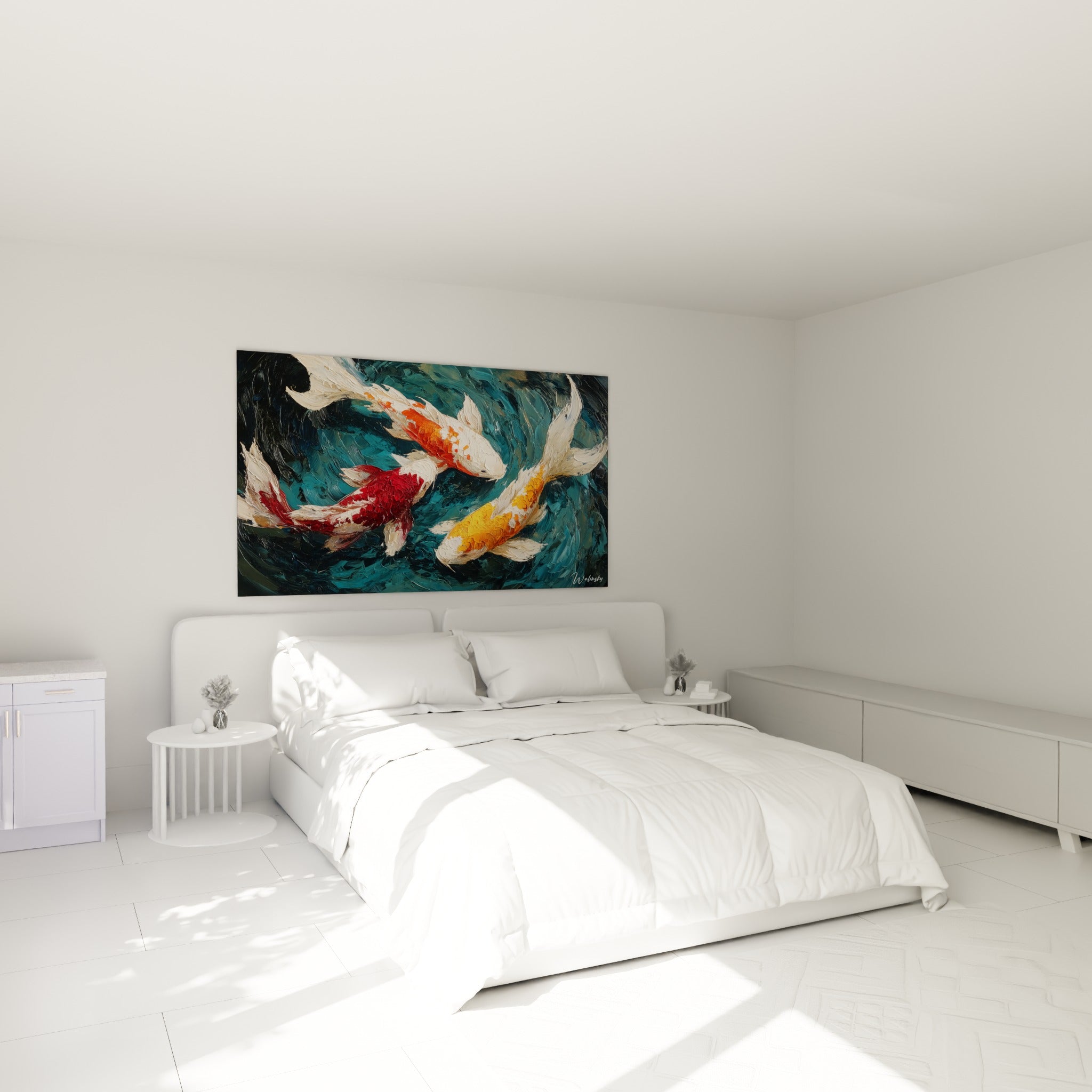 Carpes koï orange et rouge en mouvement fluide, accrochées au-dessus d'un lit dans une chambre claire