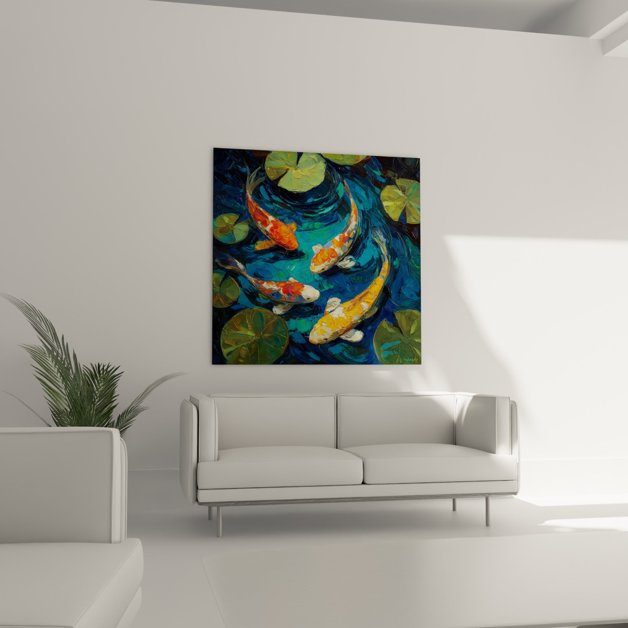 Poissons Koi dorés et blancs glissant dans une eau bleu marine, au-dessus d'un canapé dans un salon lumineux