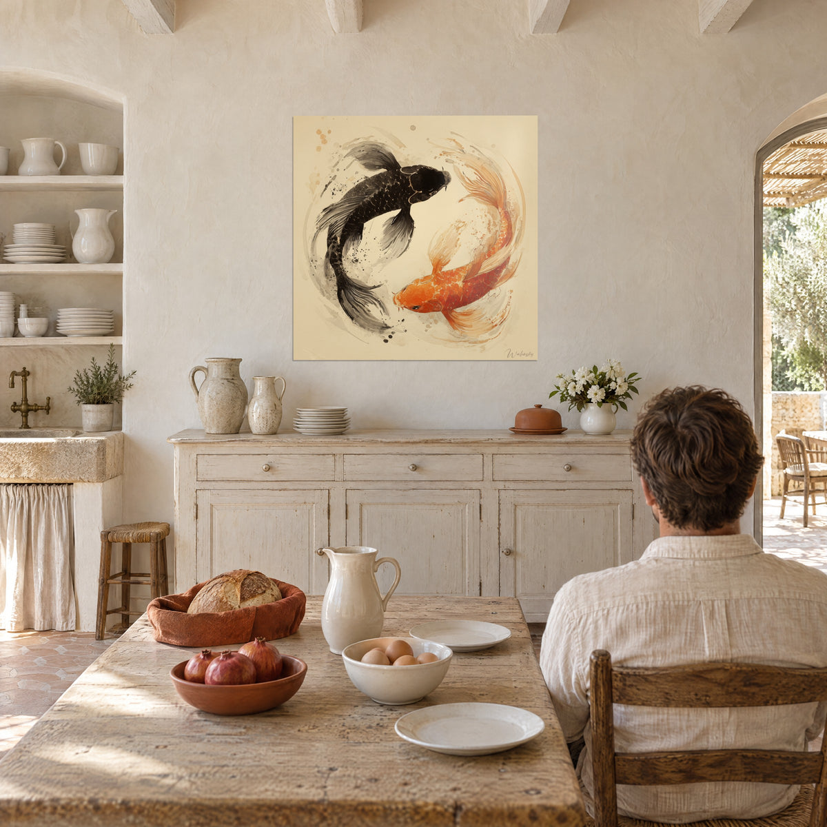 Cuadro danza de dos koi, colas como velos de acuarela negra y albaricoque, fondo beige, hombre de espaldas sentado a una mesa en una cocina provenzal