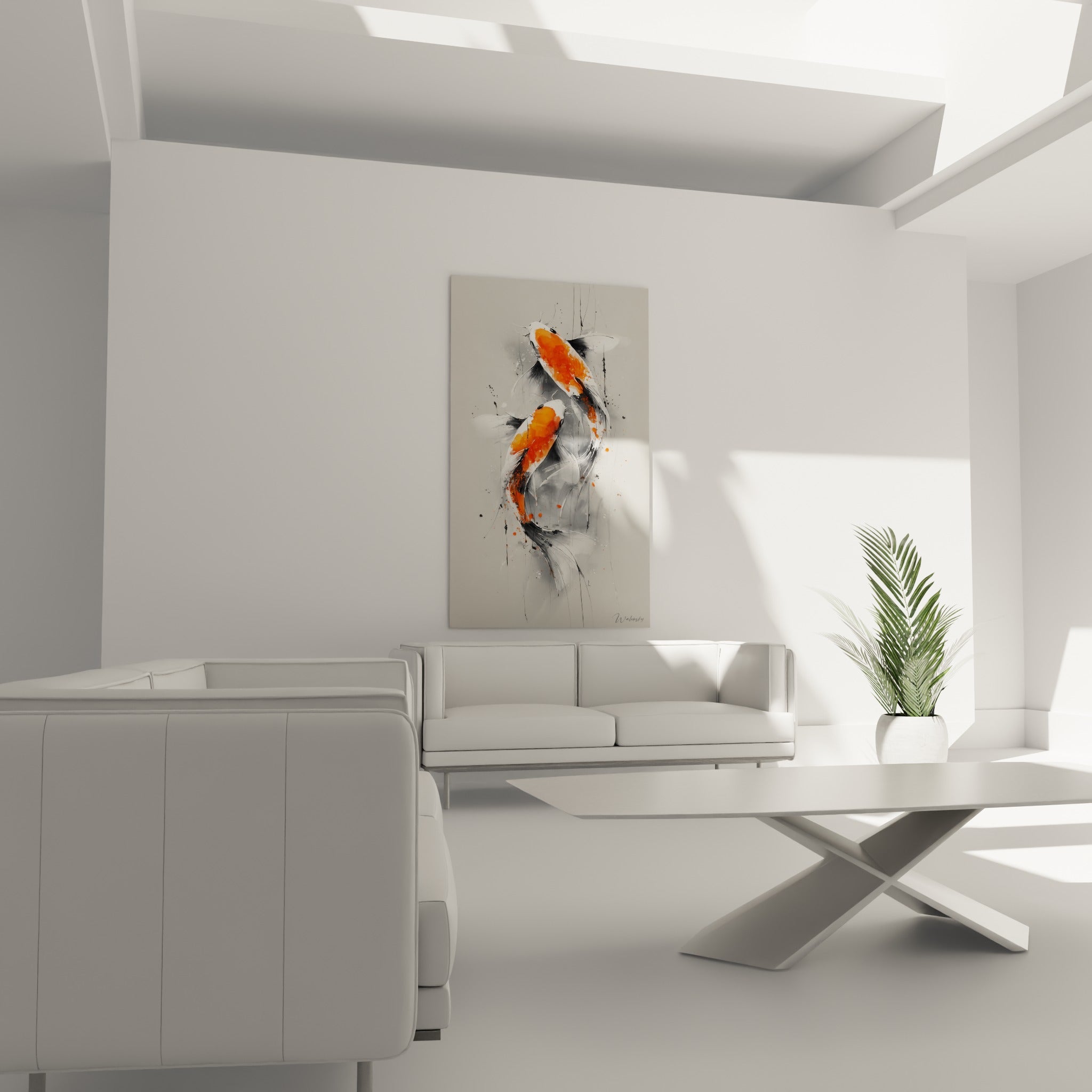 Poissons koï cuivrés glissant sur fond anthracite doux, installés au-dessus d'un canapé dans un salon lumineux