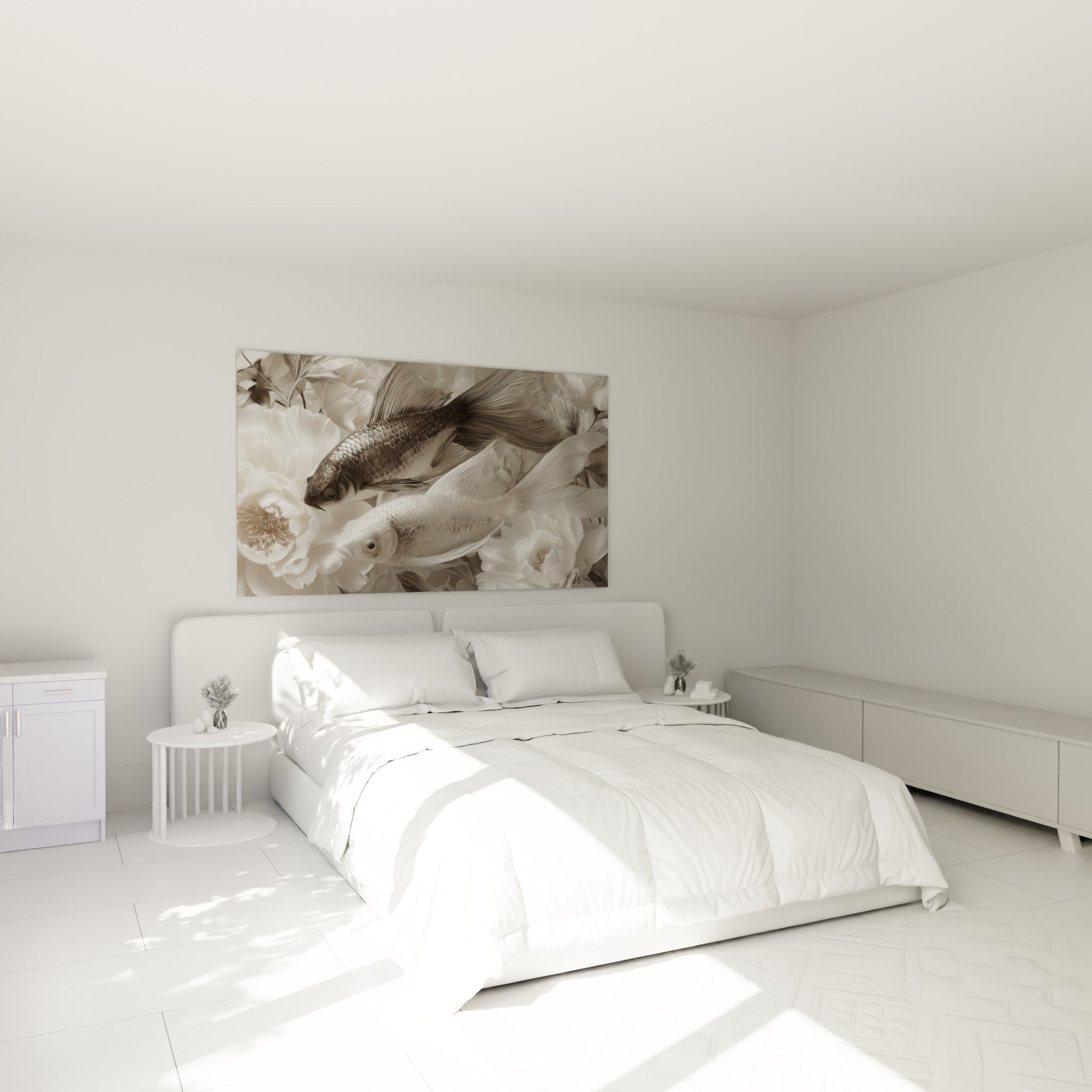 Poissons Koi gris fauve et blanc évoluant entre des pétales, au-dessus d'un lit dans une chambre claire