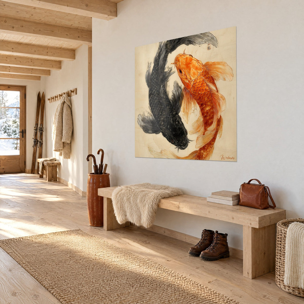 Wall art yin-yang fish with orange and grey striped fins, three-quarter view in a light wood entryway