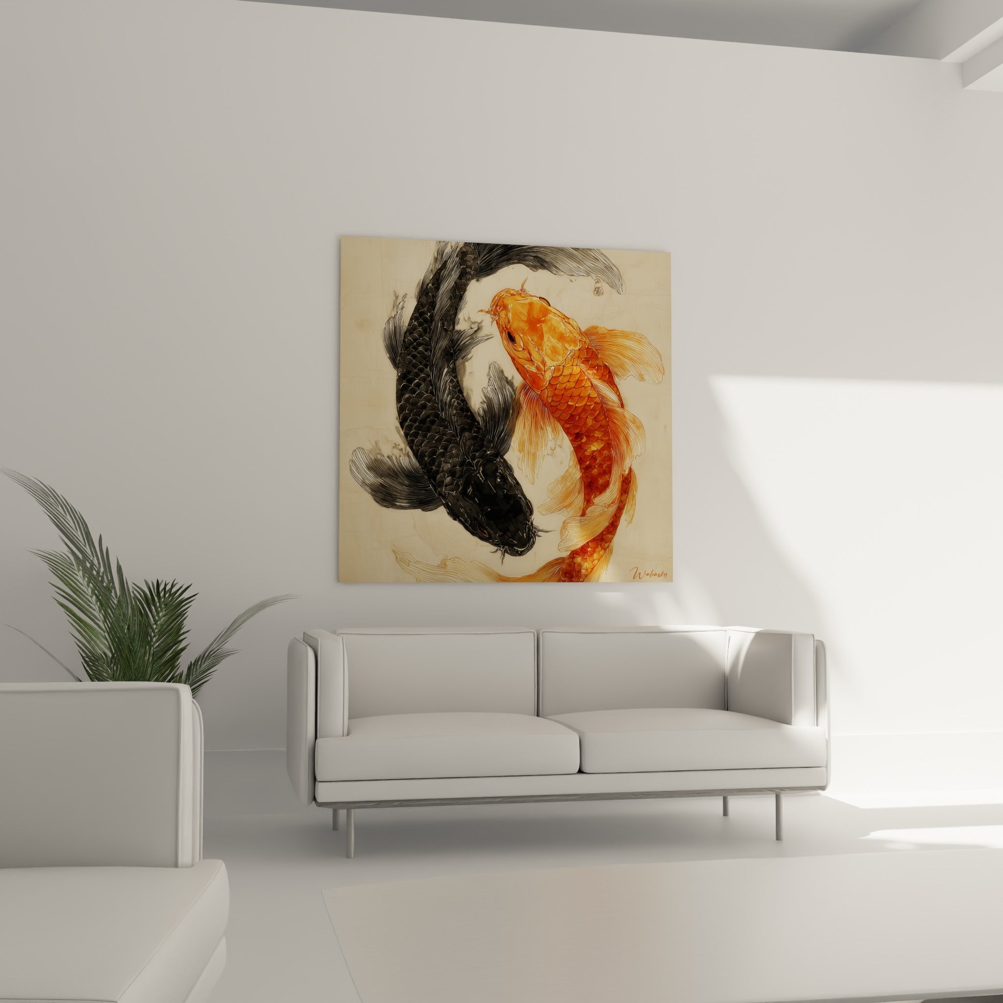 Poissons Koï anthracite et cuivré tournoyant ensemble, suspendus au-dessus d'un canapé dans un salon lumineux