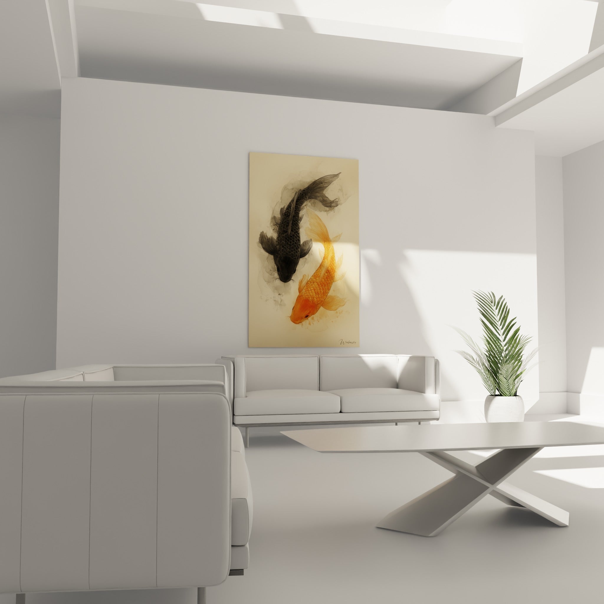 Carpes japonaises orange et noire en spirale douce, disposées au-dessus d'un canapé dans un salon lumineux