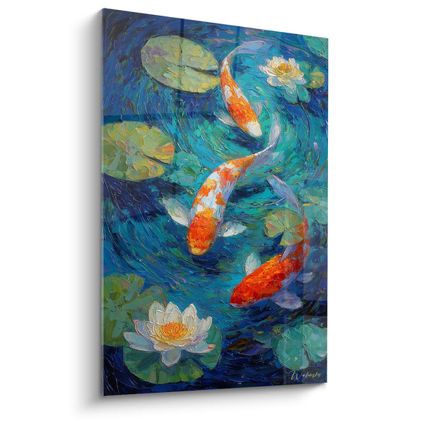 Tableau Poissons orange et bleu nénuphars - Étang paisible - Edition Koi